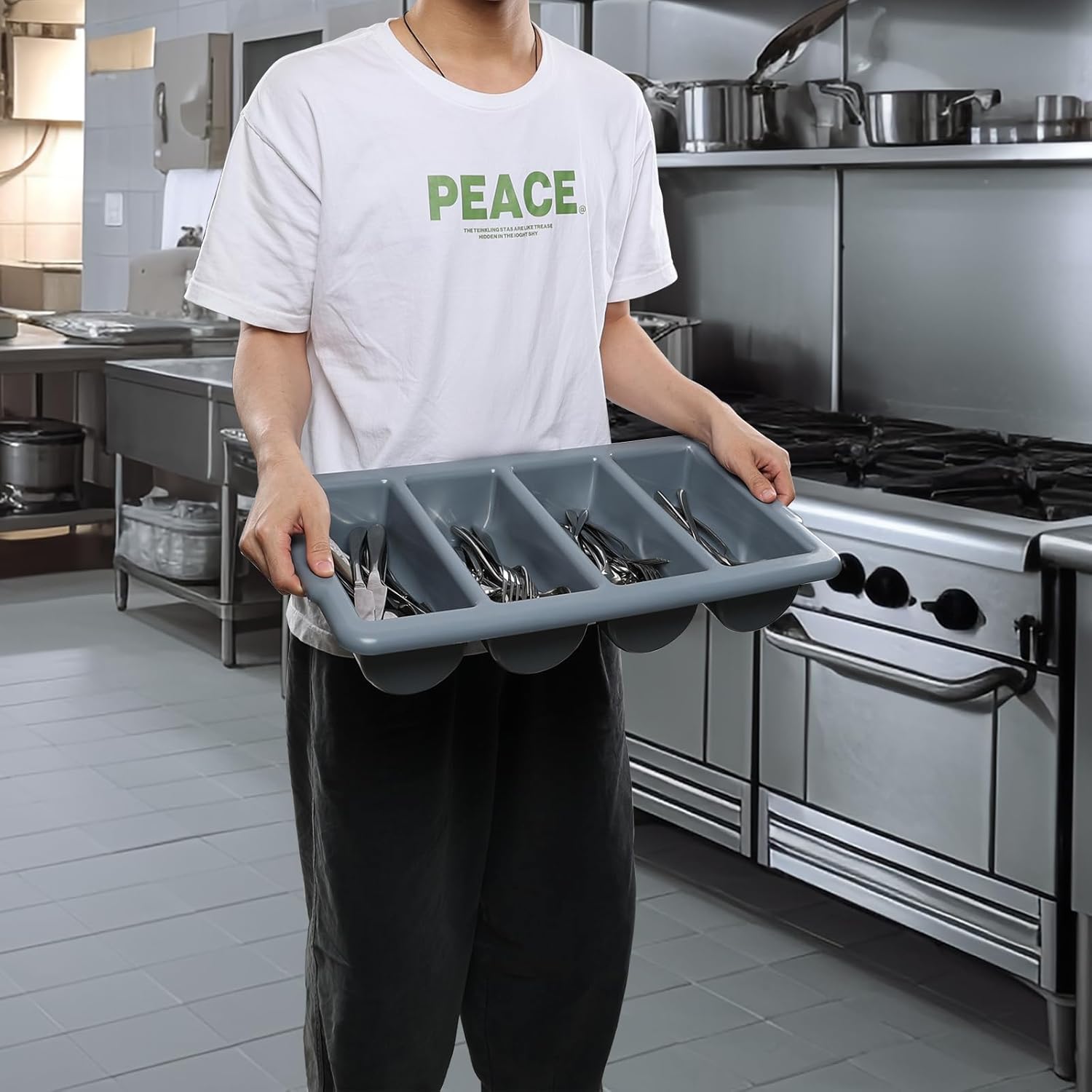 4 Packs Commercial 4-Compartment Cutlery Bin, Plastic Silverware Organizer Tray, Restaurant Utensil Holder, Gray