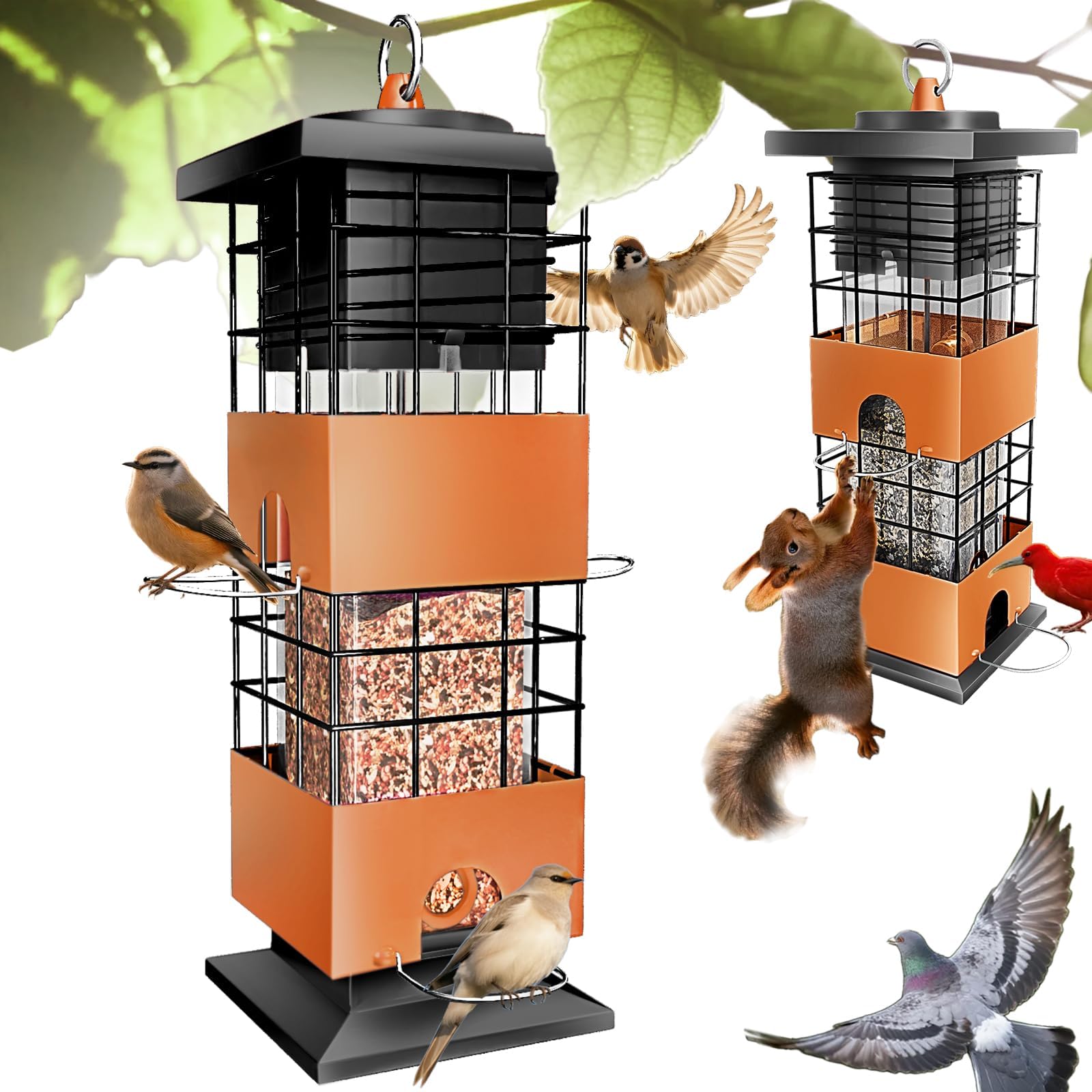 Squirrel Proof Bird Feeder,3.5Lbs Metal Wild Bird Feeders Anti-Squirrel with 4 Feeding Ports for Garden Bird Feeding Station Outdoors Hanging, Pigeon Resistant, Easy to Clean & Refill (Brown)