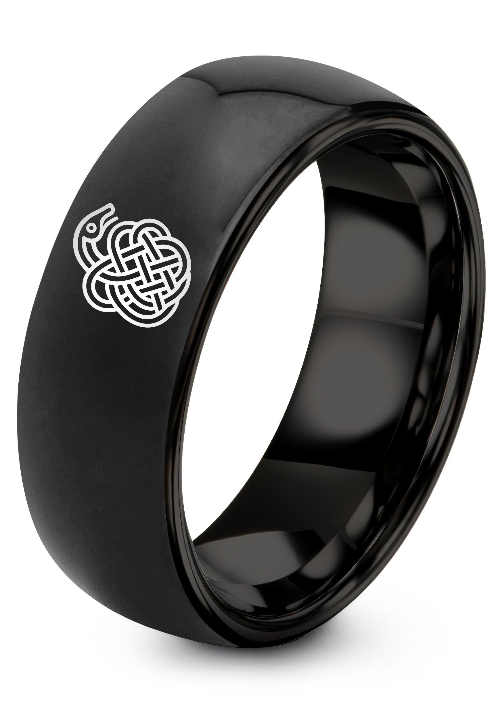 Urnes style Knotwork Ring - Gift for Viking Enthusiast - Flat Dome Bevel - Men Women - Gunmetal Black Silver - Anniversary Wedding - 8mm - Personalized Custom Engraving - Tungsten Carbide - Band 01 - Black Tungsten 11.5