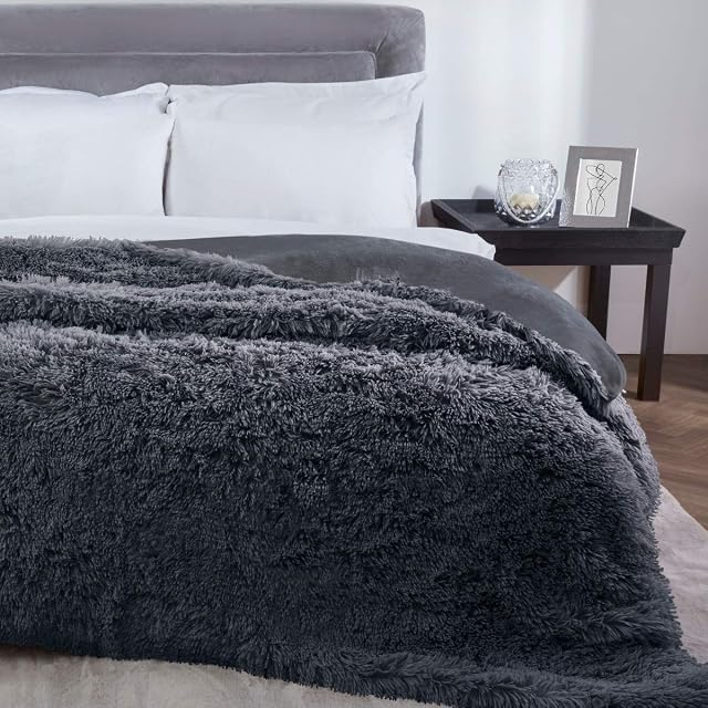 Sleepdown Charcoal Luxury Long Pile Faux Fur Fleece Throw Over Sofa Super Soft Warm Cosy Bed Blanket Bedspread - 150cm x 200cm