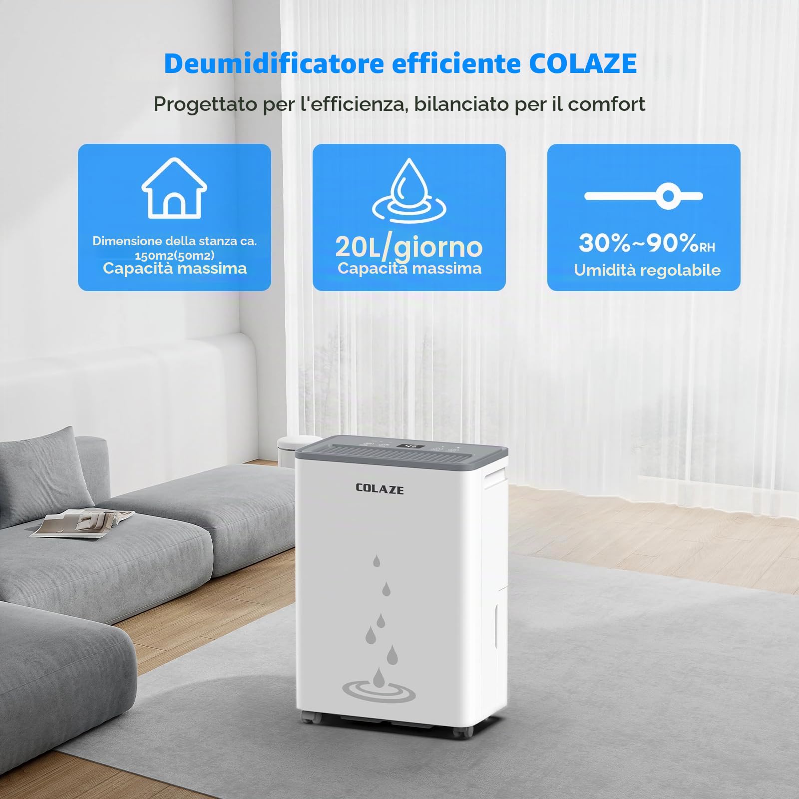 COLAZE Deumidificatore Casa Muffa 20L/24h, Adatto fino a 50㎡, Deumidificatore a Compressore Portatile Silenzioso, Timer 24 ore, Ideale per umidità e condensa