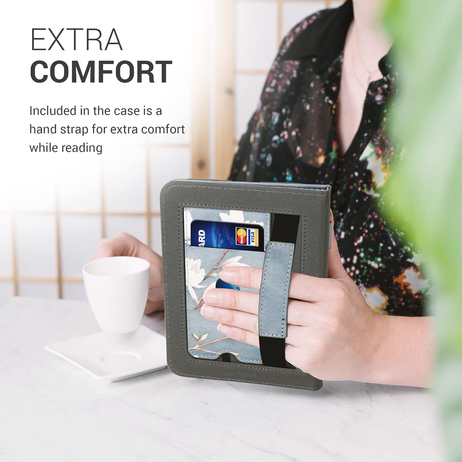 kwmobile Case Compatible with Barnes & Noble Nook Glowlight 4 / 4e - Case PU Leather Cover with Magnet Closure, Stand, Strap, Card Slot - Magnolias Taupe/White/Blue Grey