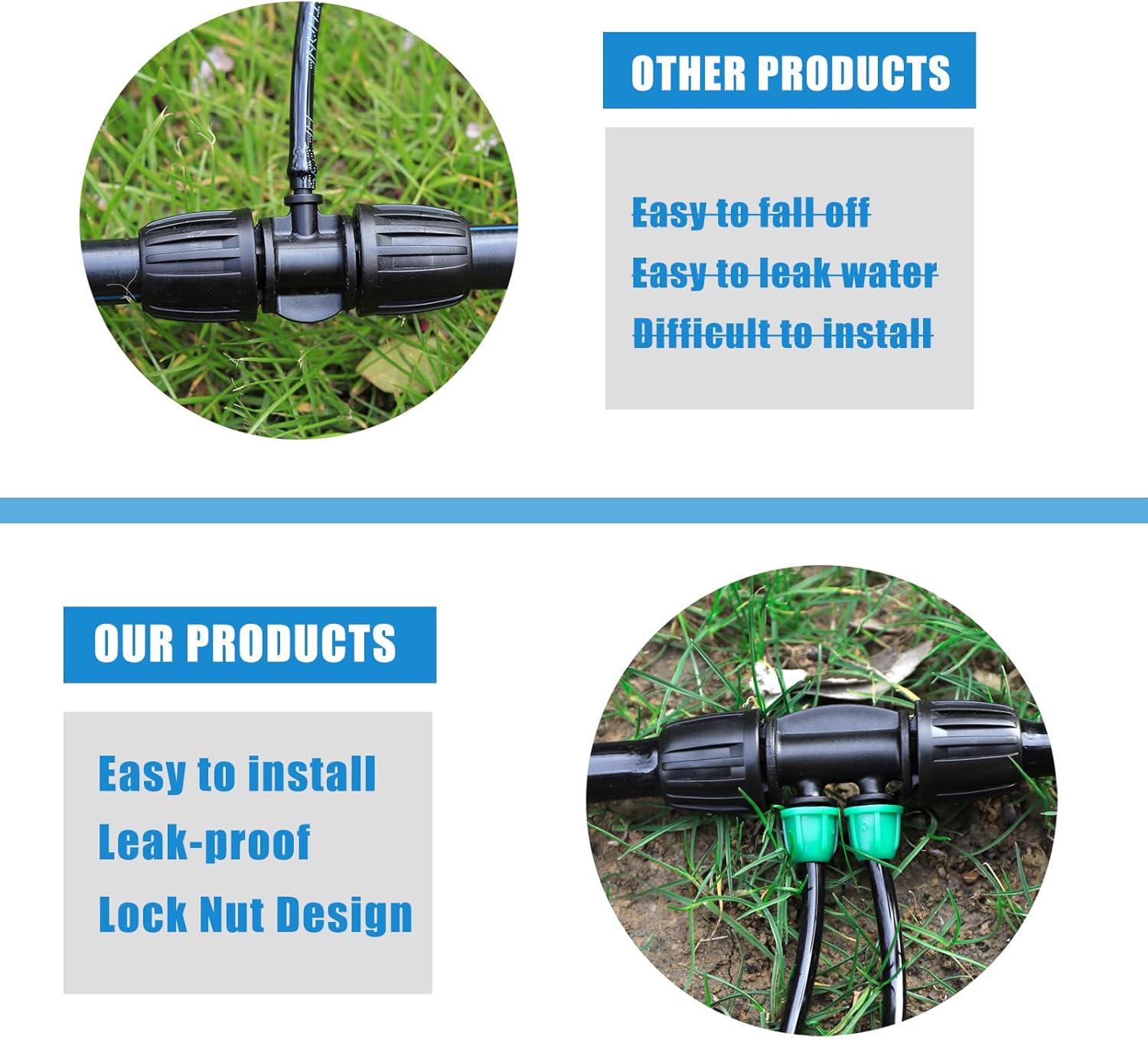 Leak-Proof Drip Irrigation Kit,Quick Connect Irrigation System with12 Pcs Lock Barbed Tee 1/2 inch Tubing to 1/4 Inch Tubing Irrigation Fittings