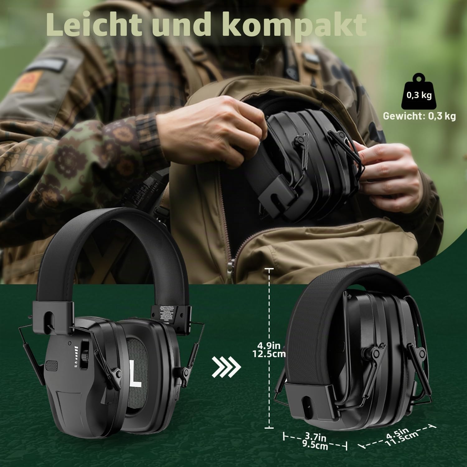 Dr.meter Elektronischer Gehörschutz, Wiederaufladbar Aktiver Gehörschutz Faltbar SNR 30dB mit Aktiver Geräuschunterdrückung & 4-fach Soundverstärkung für Jagd und Schießsport - Schwarz