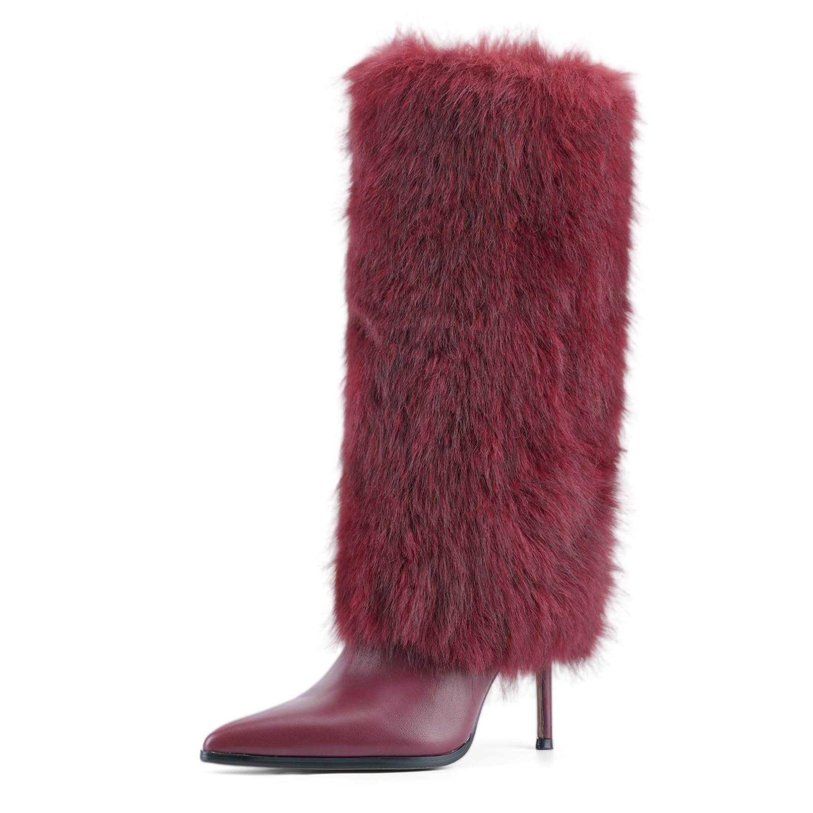 QIV Fur Knee High Boots women Pointed Toe Stiletto Winter Fashion Tall Boot for Women