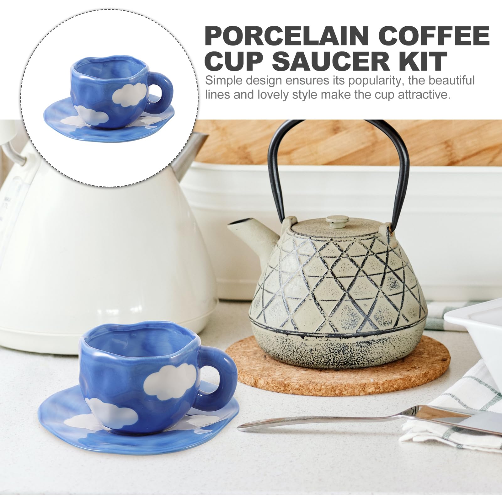 TOPBATHY Taza de Desayuno de Cerámica Azul 201-300ml, Juego 1 | Café y Té, Uso en Oficina o Cafetería, Diseño Sencillo Líneas Bonitas, Uso Versátil