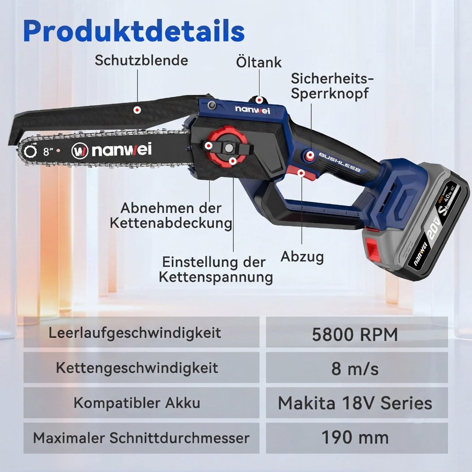 NANWEI Mini piła łańcuchowa 8 cali do akumulatora Makita 18 V, ręczna piła łańcuchowa, silnik bezszczotkowy, bezprzewodowa piła łańcuchowa do cięcia drewna i cięcia drzew (bez baterii)