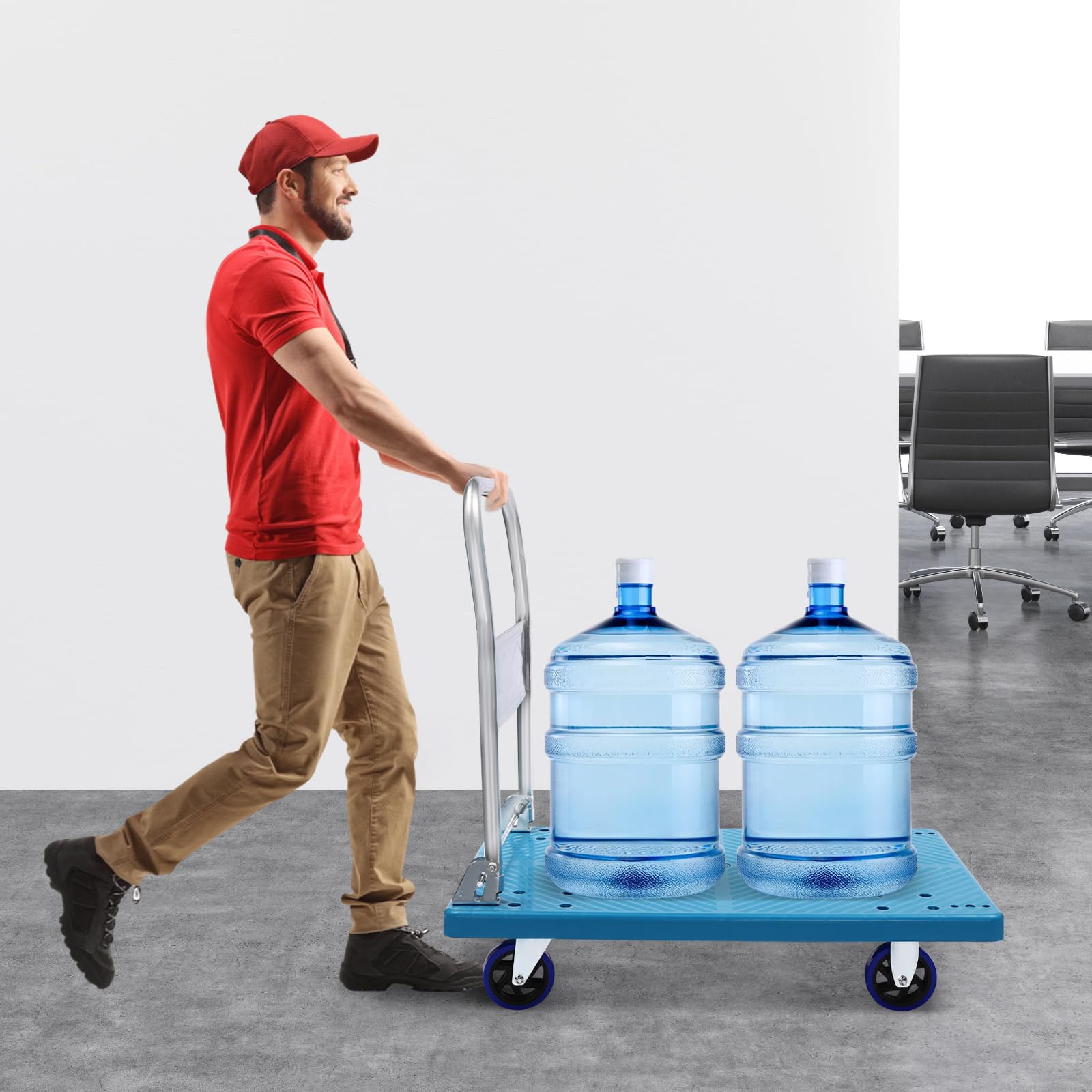 Carrello pieghevole per il trasporto con piattaforma, portata 300 kg, con rivestimento antiscivolo, 4 ruote in TPR per fabbriche e ristoranti