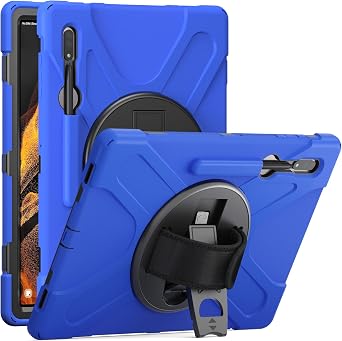 KIQ Galaxy Tab S8 Ultra Case 2022, Shockproof Heavy Duty Impact Drop Protection/Shoulder Rotating Hand Strap Kickstand Cover for Samsung Galaxy Tab S8 Ultra 14.6 inch Tablet X900 Shield Dark Blue