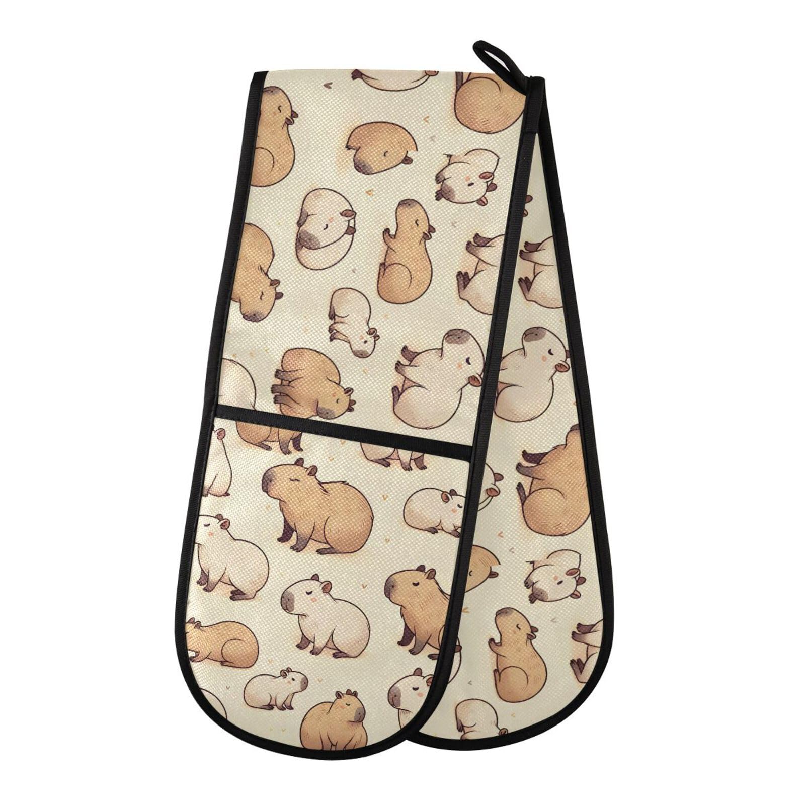 Oven Gloves Double Oven Gloves Capybaras Animal Forest Oven Mitts Pot Holder Heat Resistant Quilted for BBQ Baking Kitchen Cooking Gloves