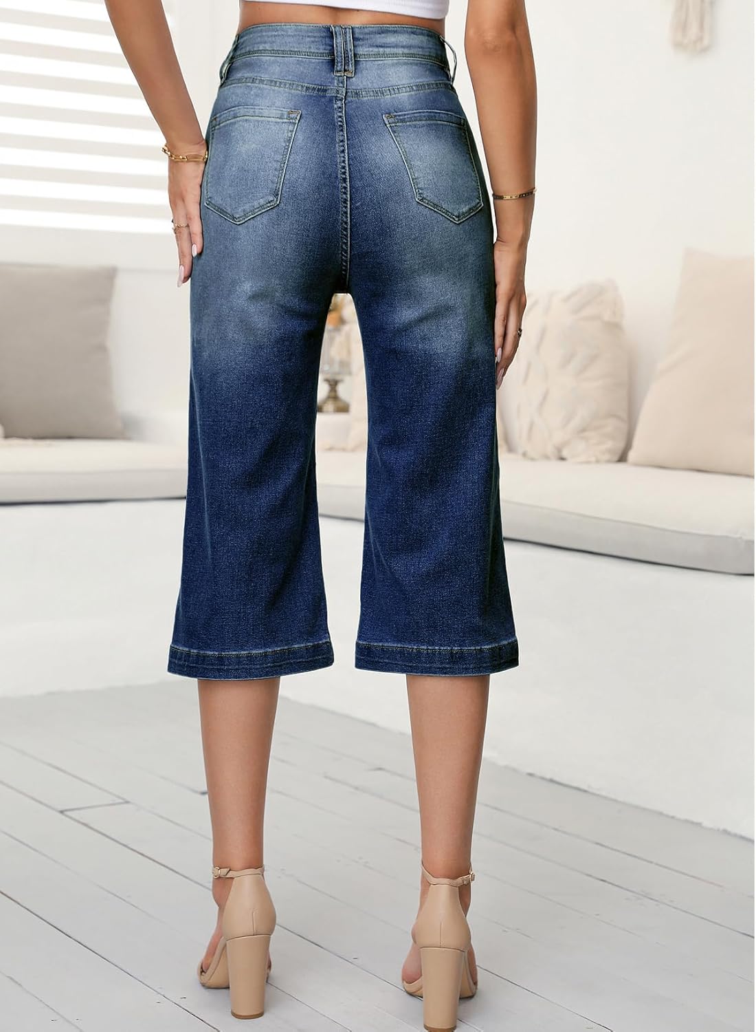 Sidefeel Women's Wide Leg Jeans High Waisted Stretchy Capri Pants