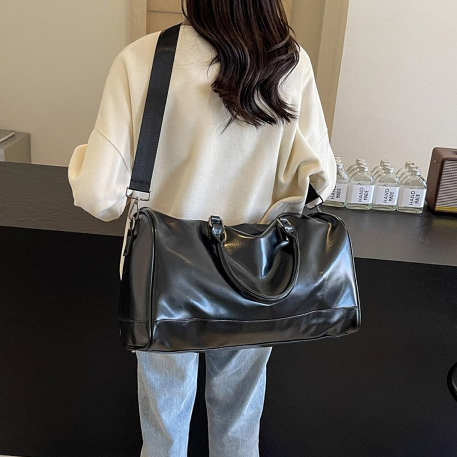 [Tertioi] Bolsa de gran capacidad para viajes de moda fitness de cuero PU de hombro de fin de semana de noche para viajes diarios para mujeres y hombres gran capacidad para una noche fitness de fin de