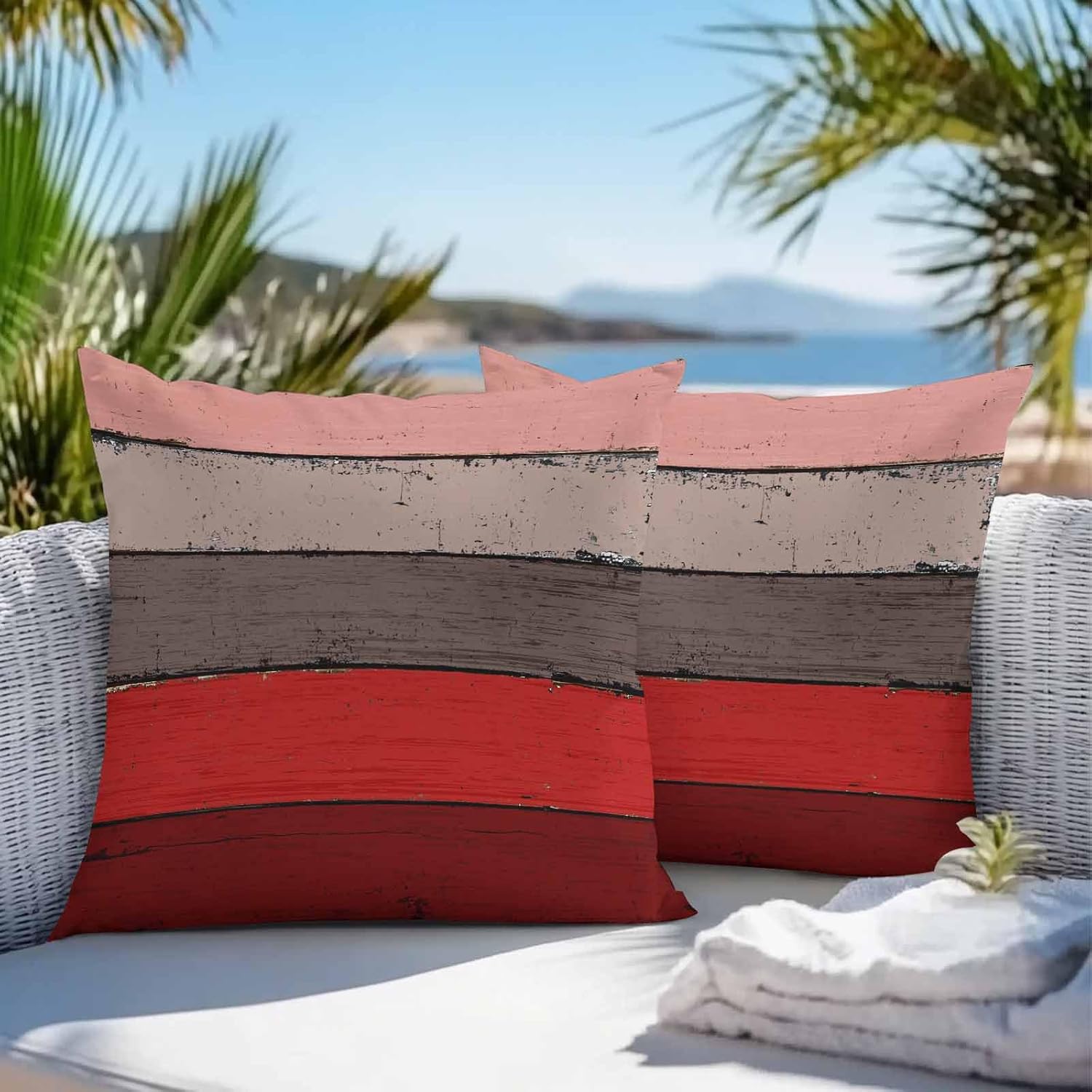 T&H XHome Outdoor Waterproof Throw Pillow Covers 16 x 16 Inches Set of 2 Rustic Barn Wood Red Brown Decorative Cushion Cover Pillowcase for Garden Patio Tent Beach Bedroom Livingroom Sofa Couch