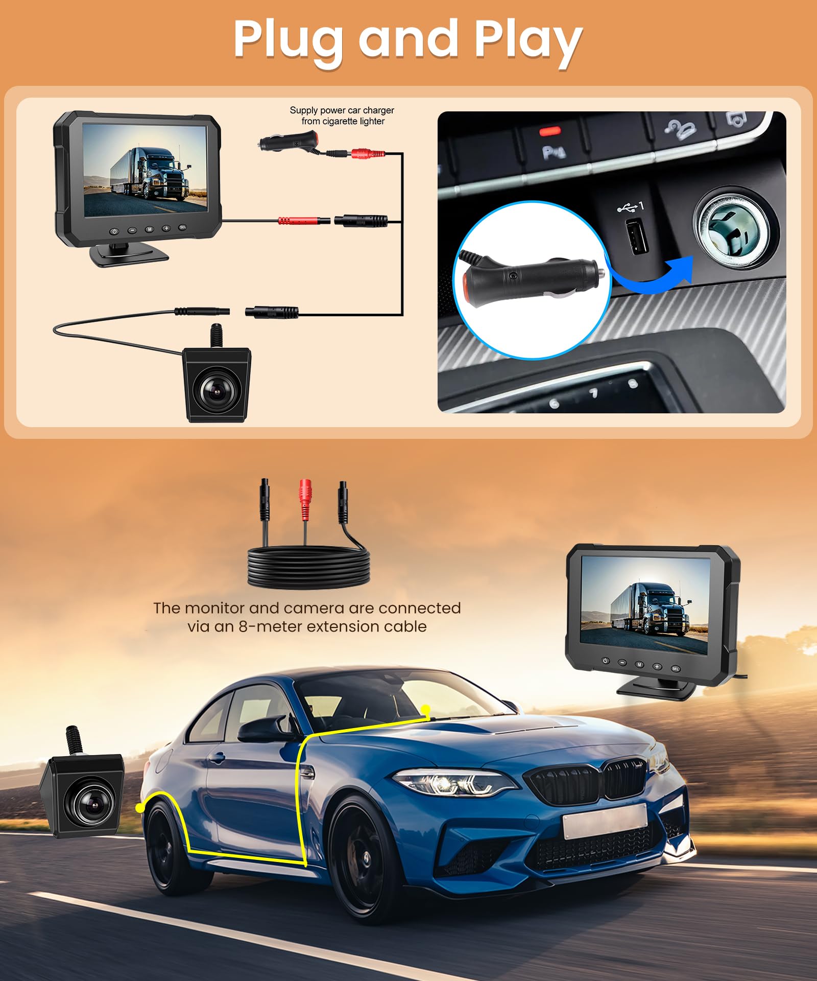 VECHTEL Monitor per auto HD 5'' con Telecamera Orientabile, Kit Telecamera Posteriore con Impermeabile IP68 Visione Notturna Supergrandangolo Linea di Retromarcia, Cavo da 8M, 12-24V per Berline SUV