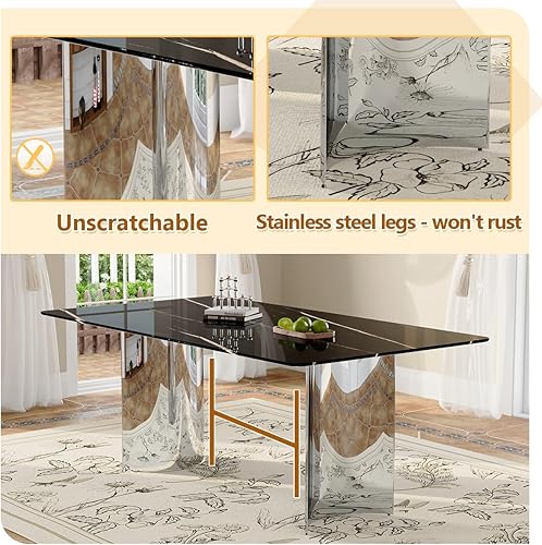 Miniatura 6 de Moderno juego de mesa de comedor para 6, 7 piezas, mesa rectangular de mármol sintético de 71 pulgadas con base de acero inoxidable plateado en