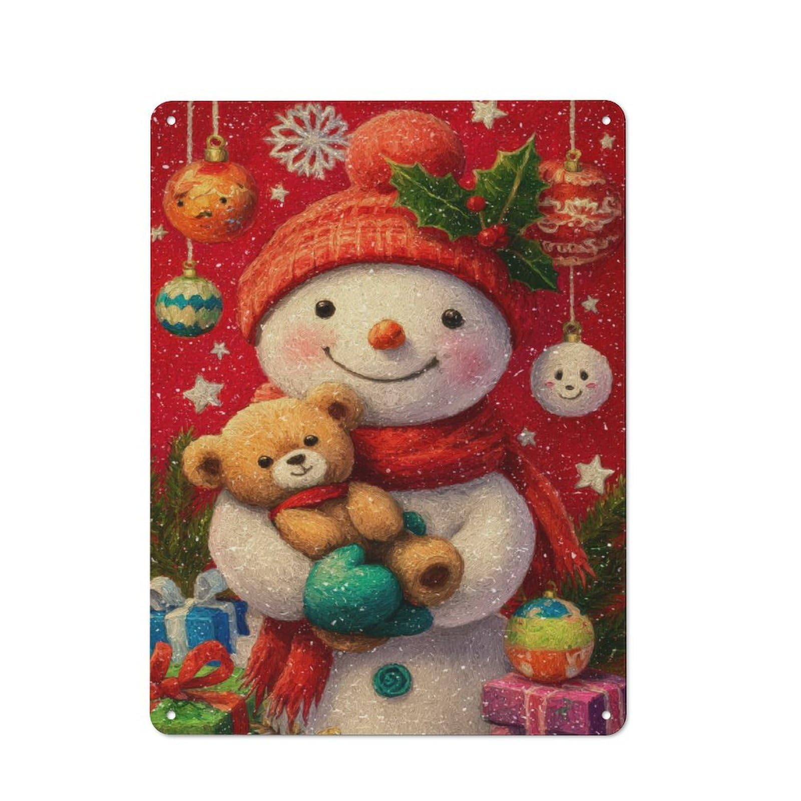 Junmoney Christmas Snowman With Teddy Bear Simple Retro Metal Wall Plaque 40X30cm, Creative Space Decor For Office, Study, Studio Or Hallway