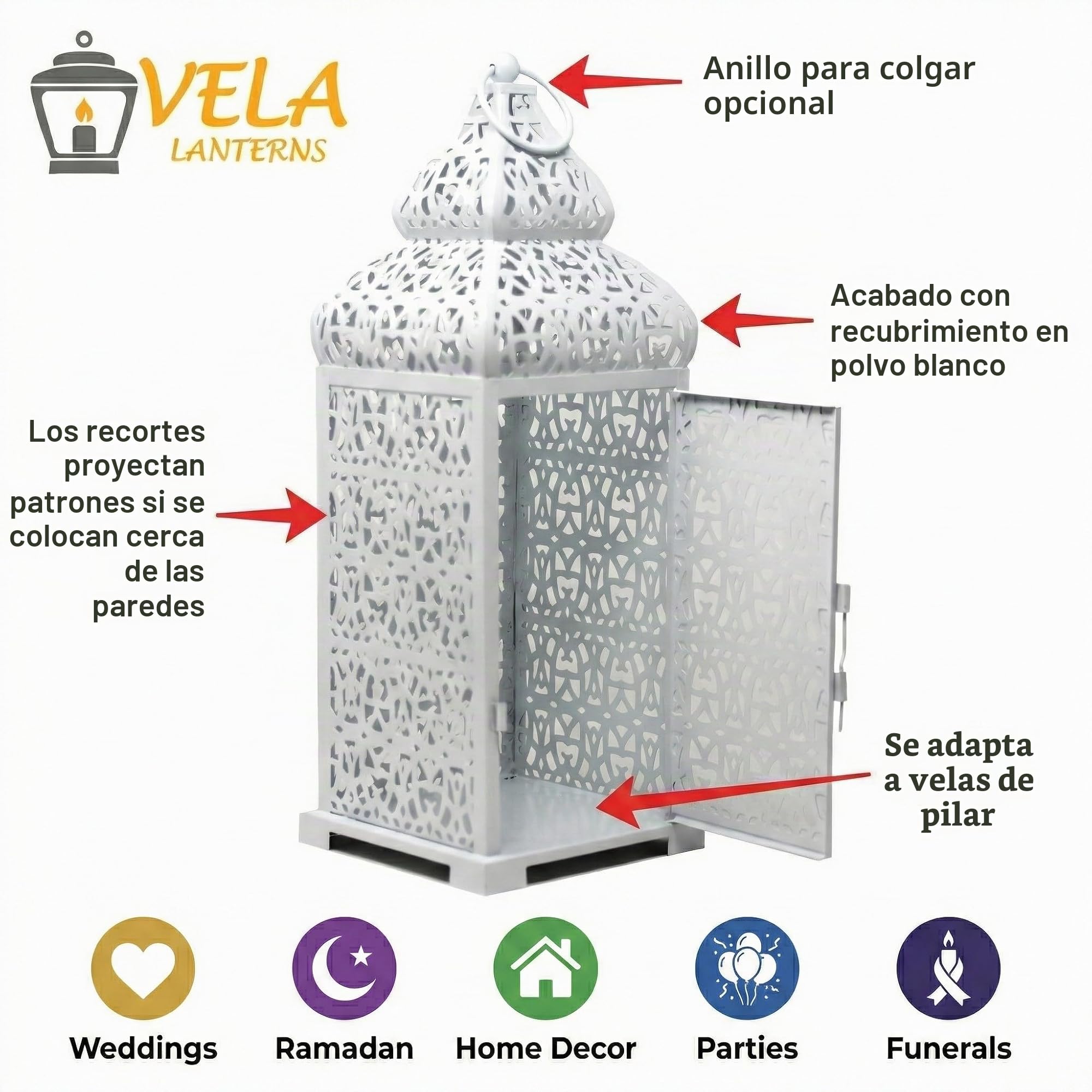 Candelabros Decorativos con lámpara marroquí de Templo Grande para Decoraciones de Ramadán, para Colgar, Patio o Porche al Aire Libre, decoración Interior del hogar, Bodas, Blanco, Juego de 2