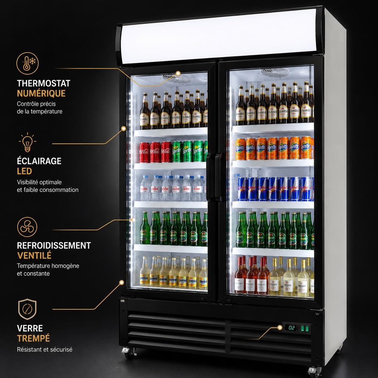 Générique Professional Refrigerated Cabinet 2 Doors Glass 600L Black – Ventilated Cooling – LED Lighting – Digital Thermostat – Beverage Fridge CHR – 1080x595x2100mm