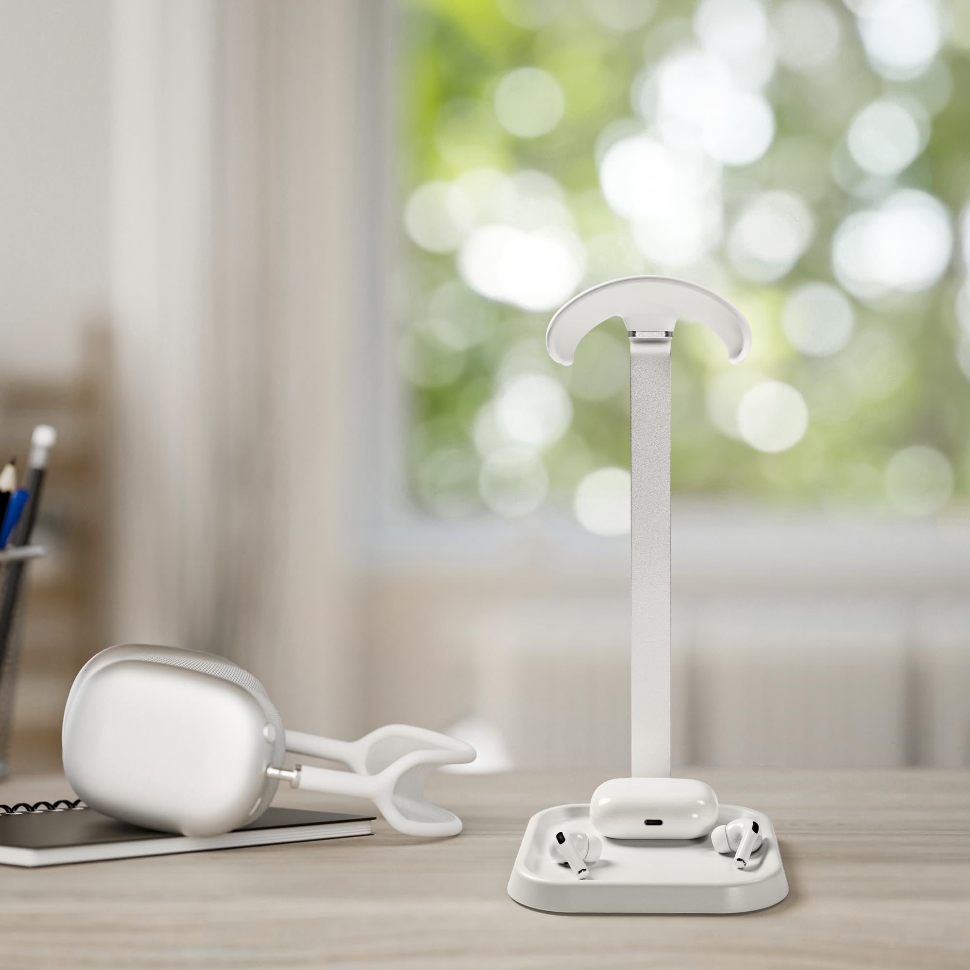 Kopfhörer Ständer, Gebogener Headset Halterung mit Ablagefach, Schwere Basis Gaming Kopfhörer Halter für AirPods Max, Beats, Bose, Sennheiser, Sony, und mehr (weiß)