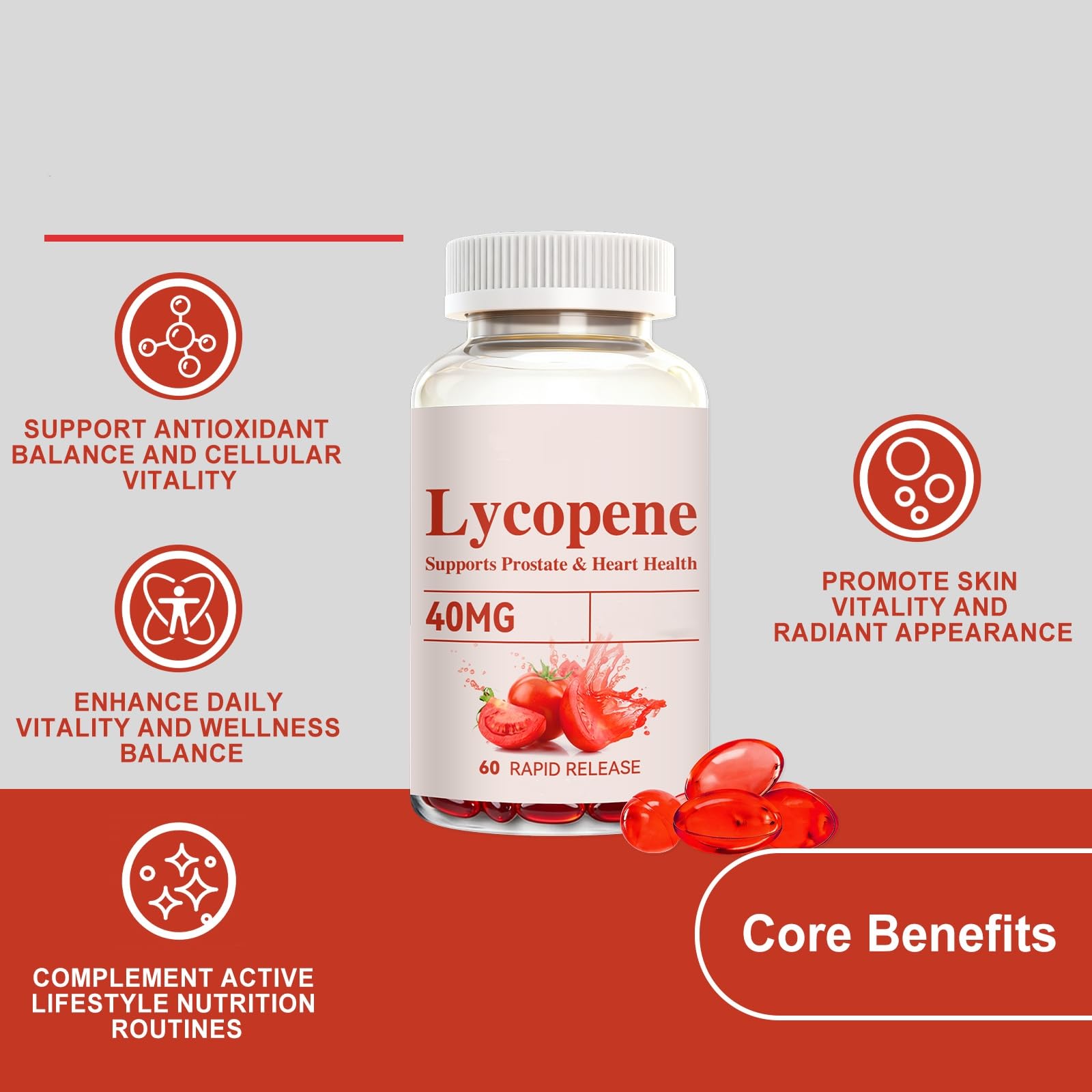Lycopène 40 mg | Sans OGM | 2 mois d'approvisionnement, 60 comprimés