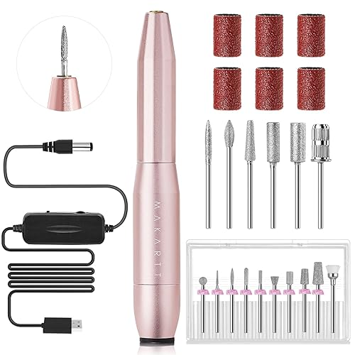 Makartt Brocas de uñas, 10 unidades Dimond lijadoras con máquina de taladro de uñas portátil Eirenee 20000RPM lima de uñas eléctrica