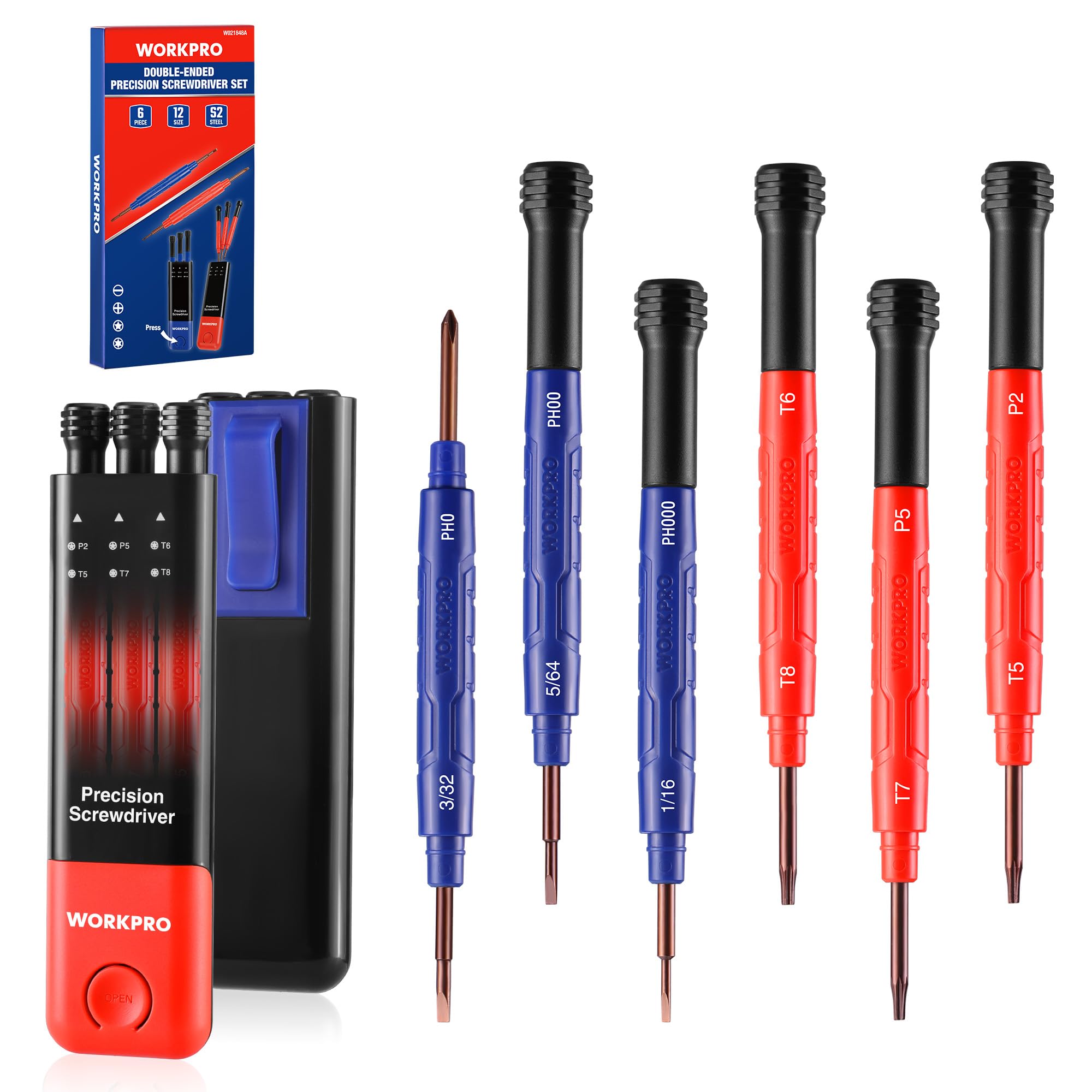 WORKPRO 6-Piece Precision Screwdriver Set, 12 Sizes Double-Ended Mini Screwdrivers with Phillips, Slotted, Pentalobe and Torx Tips for Watches, Phones, Computers & Glasses Repair