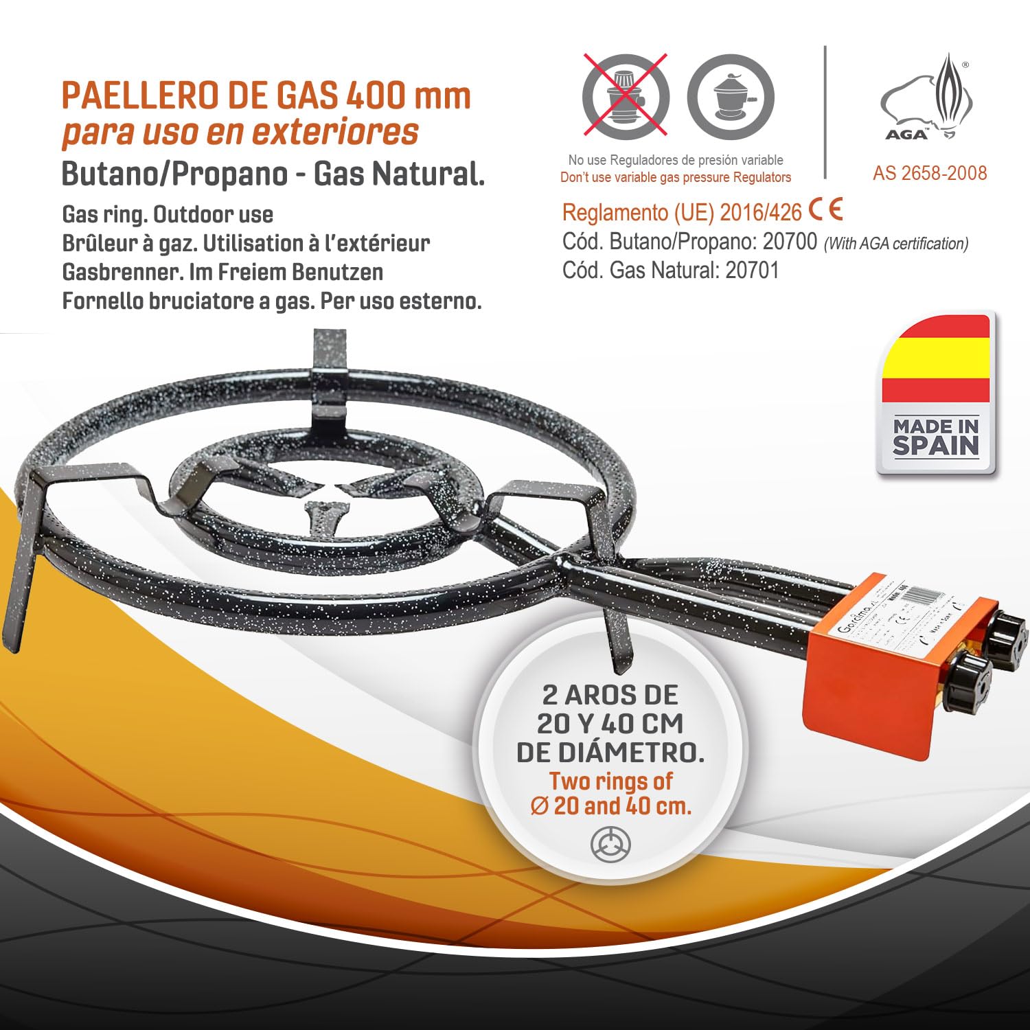 Kit paellero 40cm Garcima + paellera 42cm + soporte sobremesa + regulador y manguera Kabra