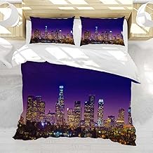 Los Angeles Duvet Cover Set Queen Size Los Angeles Downtown Skyscrapers Skyline Panorama Twilight Night 3-Piece Bedding Cover Set for Women and Men,Ultra Soft,Breathable