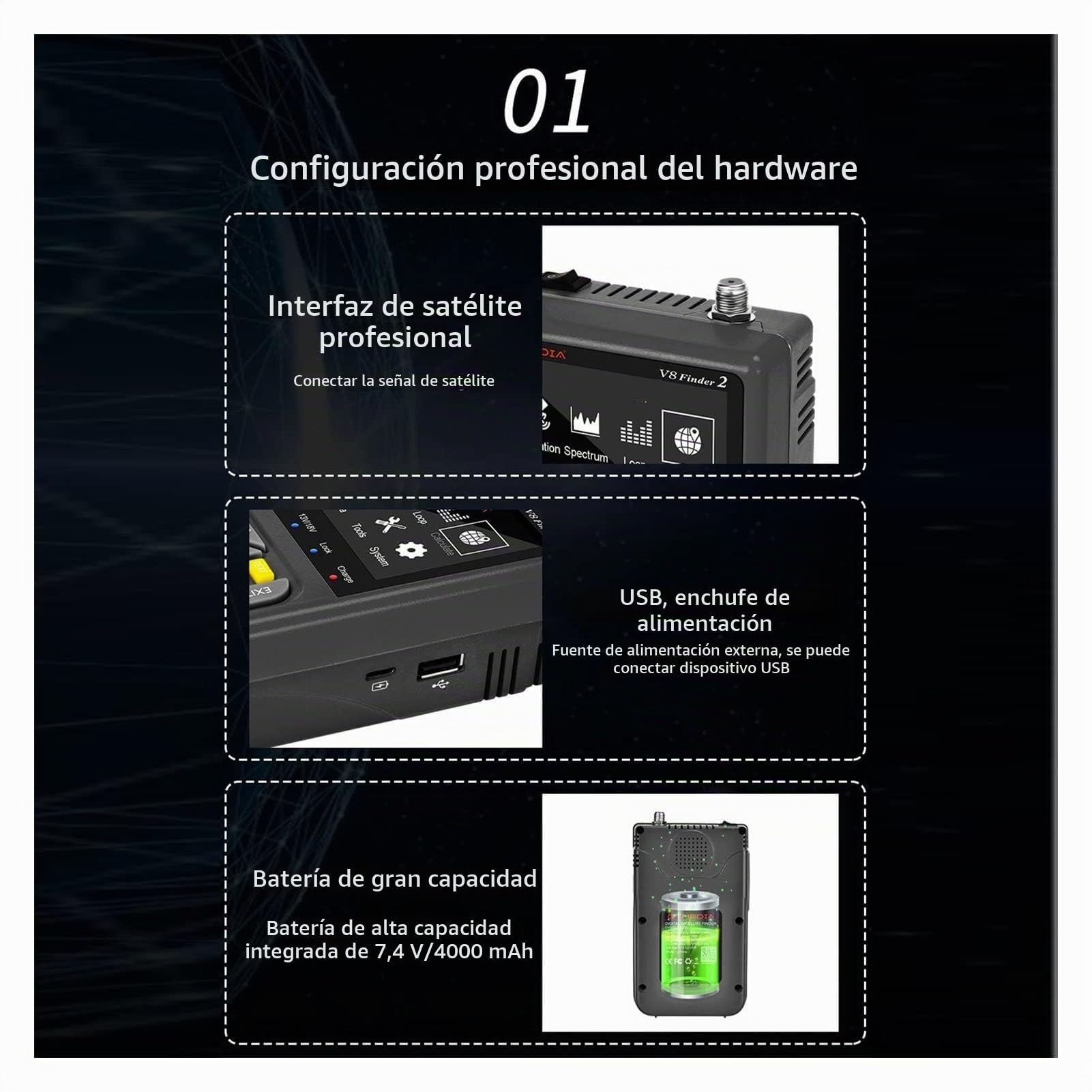 Medidor de Campo TDT, Medidor de señal de satélite digital actualizado TV DVB-S/S2/S2X receptor Sat Detector 4000mAh buscador de señal de satélite de gran capacidad ,para configurar antena parabólica