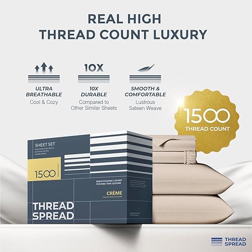 Miniatura 62 de THREAD SPREAD Sábanas 100% de algodón egipcio, tamaño Queen, 1500 hilos, 4 piezas, algodón egipcio, sábanas de lujo de tejido satinado, sábanas