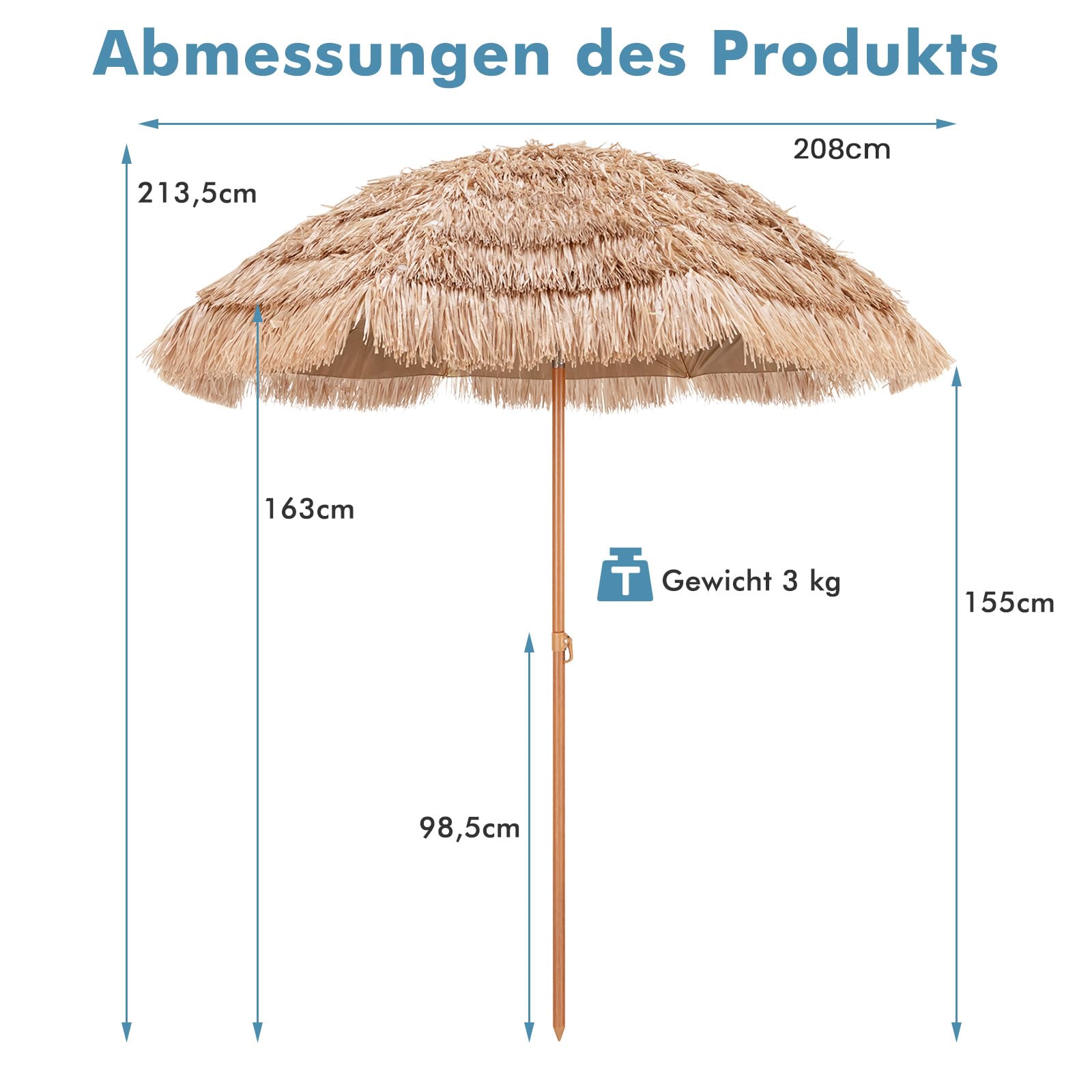 COSTWAY Hawajski parasol przeciwsłoneczny, 208 cm, słomkowy, UPF 50+, możliwość zginania w zakresie 30°, parasol ogrodowy, parasol na taras, na plażę, do ogrodu, na balkon
