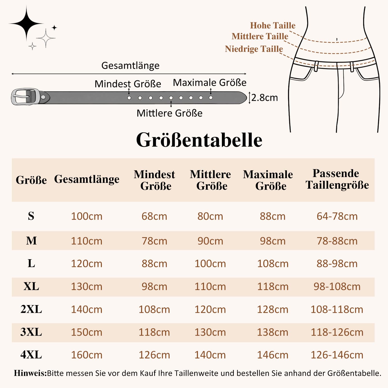 WHIPPY Damen-Ledergürtel in Übergröße, modischer Jeans Gürtel mit fester Dornschließe für Jeans-Hosen-Kleid