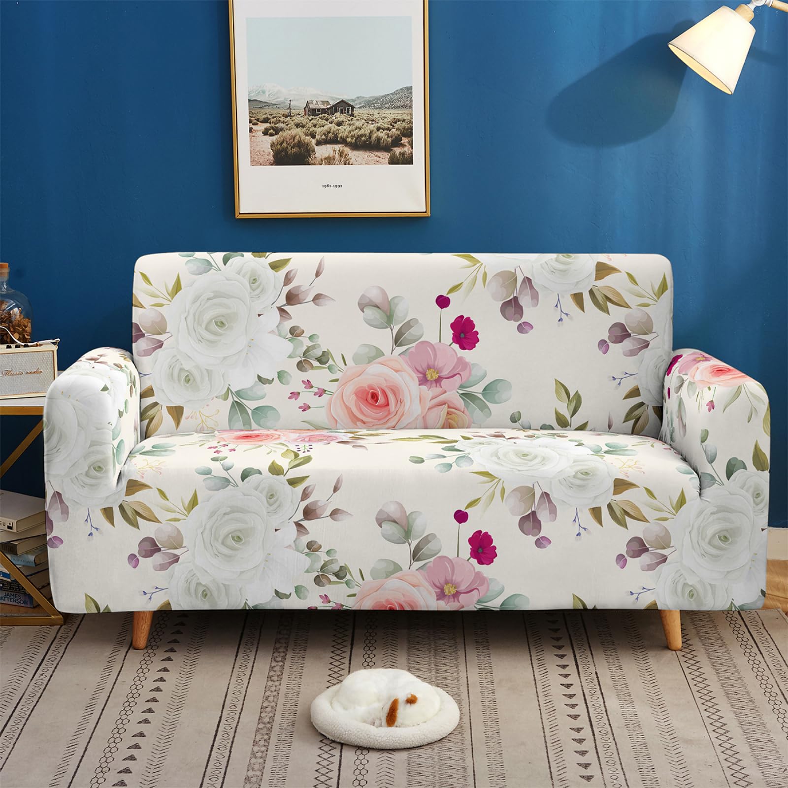 Housse canapé extensible 2 places fleurie anti-rayures lavable