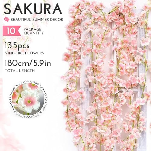 Miniatura 2 de 10 PIEZAS Guirnalda de flores de cerezo artificial de seda de 59 pies, enredaderas colgantes de flores Sakura para bodas, fiestas, hogar, arco,