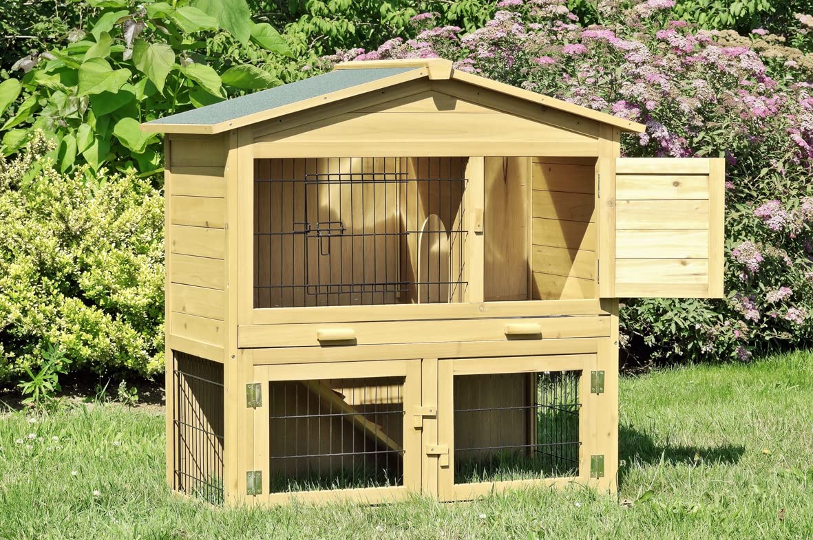 Merschbrock Trade Kaninchenstall, Hasenstall aus Kiefernholz mit Zinkwann XXL mit 4 Klappen