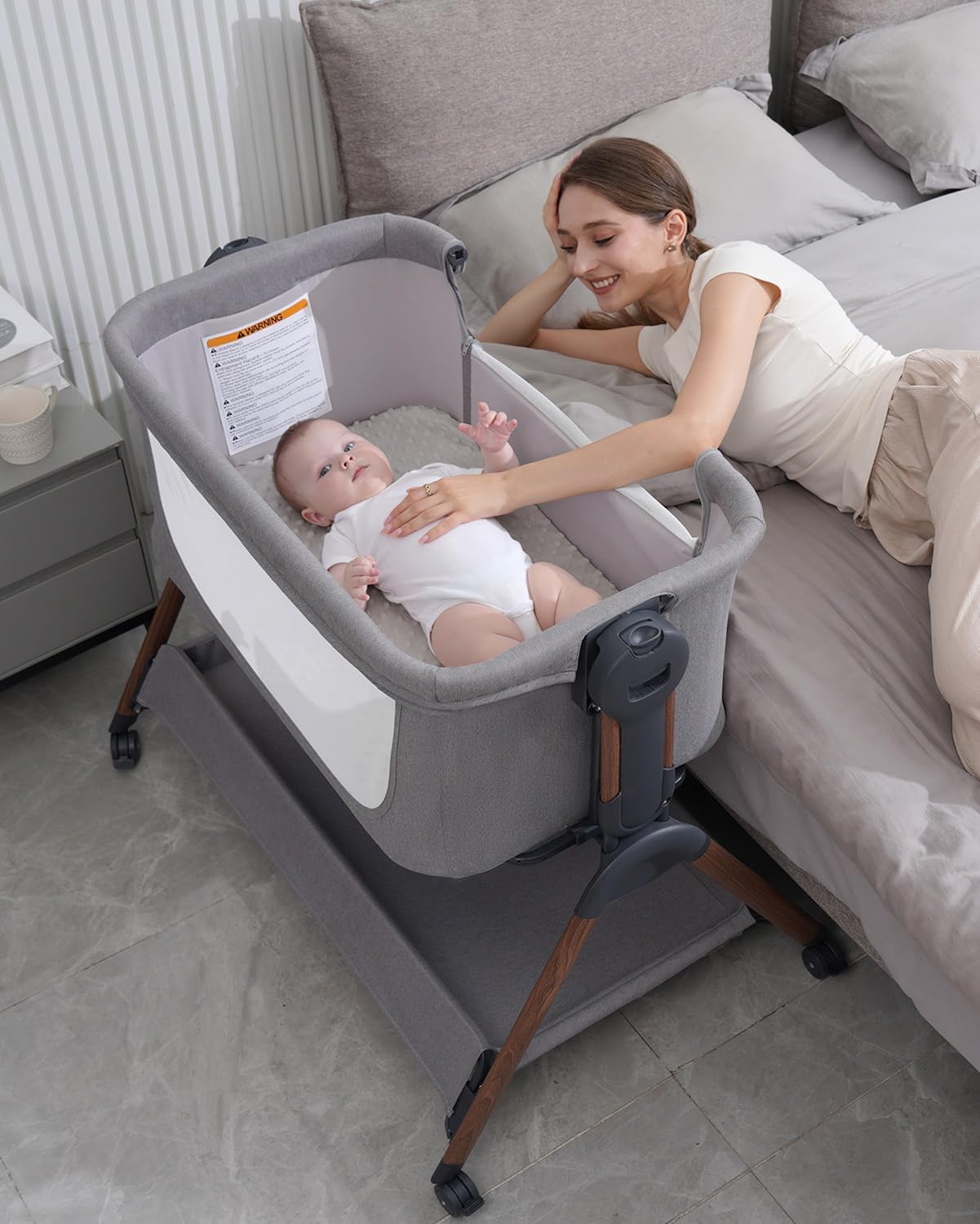 Baby Bassinet - Bassinet Bedside Sleeper,3-in-1 Bedside Bassinets for Baby,Rocking Bassinet with Comfy Mattress,Wheels,Breathable Mesh& Storage,6 Height Adjustable Crib,ASTM Certified(Grey) Wood Grain Legs + Grey Bed