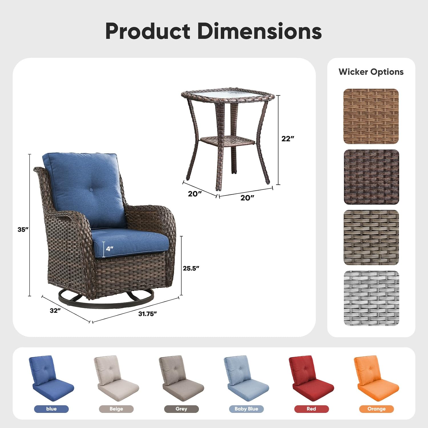 Belord Patio Wicker Chairs Swivel Rocker,Outdoor Patio Furniture Set with Rattan Side Table, All Weather Conversation Set for Porch Poolside Balcony, Brown Wicker/Blue