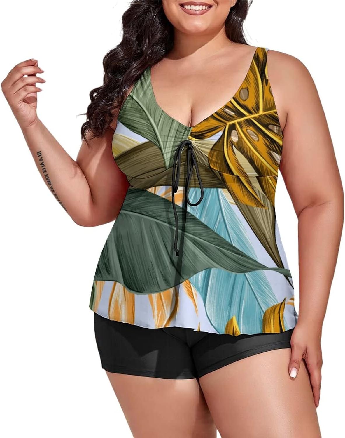 Plus Size Tankini Swimsuit for Women Tropical Banana Palm Monstera Leaves Tankini Bathing Suit Tummy Control Swimdress Two Piece Tropical Tree Plant Swimsuits Swim Top Shorts