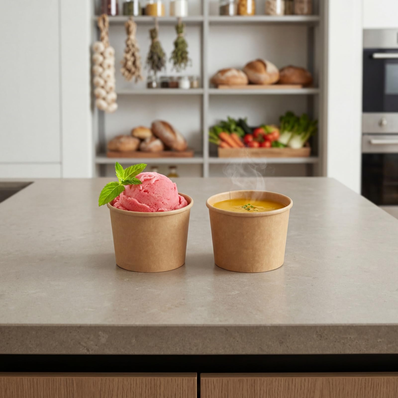 Lyellfe Paquete de 100 cuencos de papel desechables con tapas, tazón de papel kraft resistente de 8 onzas, contenedor de sopa para llevar, tazas de postre para helado, yogur, frío y caliente