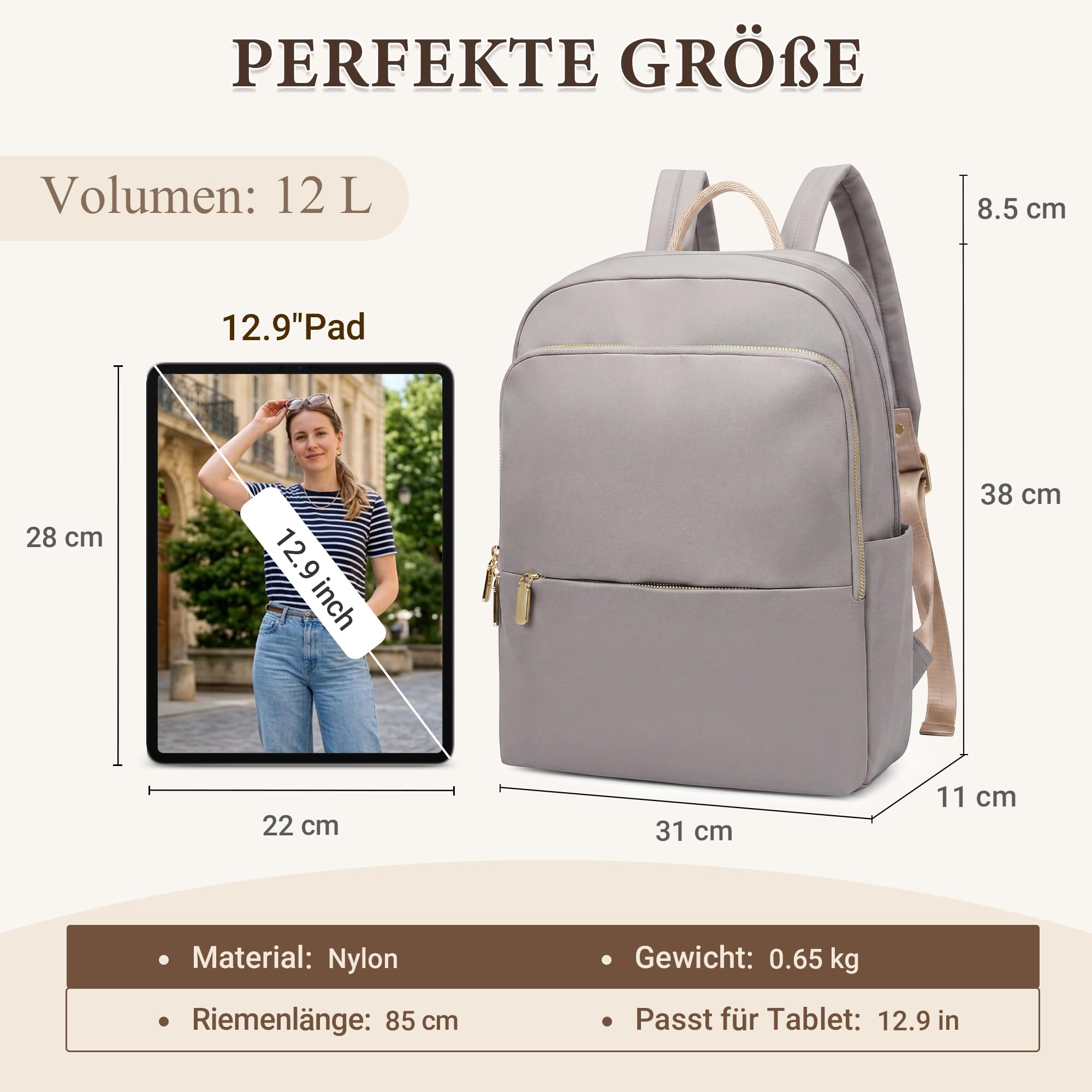 DIRRONA Damenrucksack Modern Leicht, Laptop Rucksack 14 Zoll Tagesrucksack Damen Elegant Rucksack Uni Rucksack Diebstahlsicher Damen Groß Arbeit Reisen Freizeit GeschäFt Sanftes Taupe