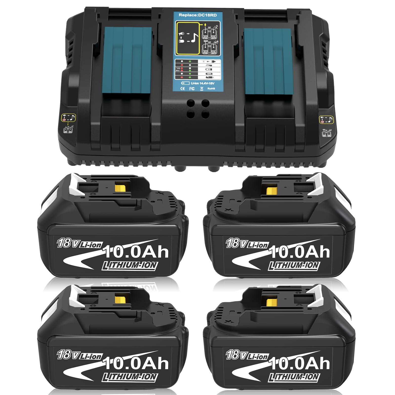4X 10.0Ah Ersatz für Makita Akku 18V+Ladegerät DC18RD | für BL1860B BL1850B BL1890 BL1840B BL1830B BL1820B Kompatibel mit Werkzeugen der 18-V-LXT-Serie