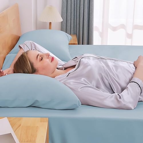 Miniatura 4 de JOLLYVOGUE Juego de sábanas tamaño Queen de 4 piezas, color azul claro para dormitorio con 14 bolsillos profundos, sábanas refrescantes con 1 sábana