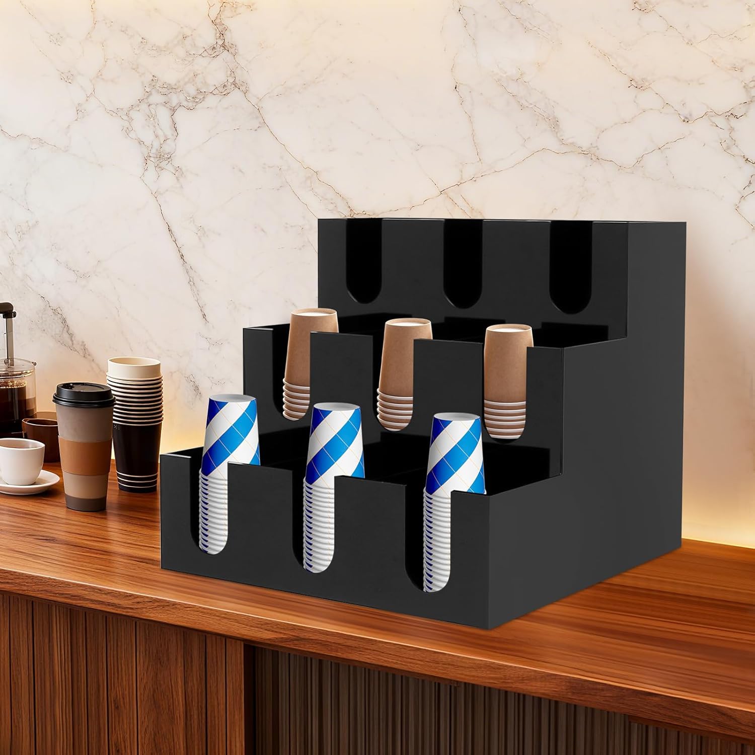 Acrylic Coffee Cup and Lid Dispenser, 13 x 13 In Commercial Coffee Cup Holder Countertop Coffee Cups Organizer with 9 Compartments for Kitchen Countertops Coffee Stations Bars