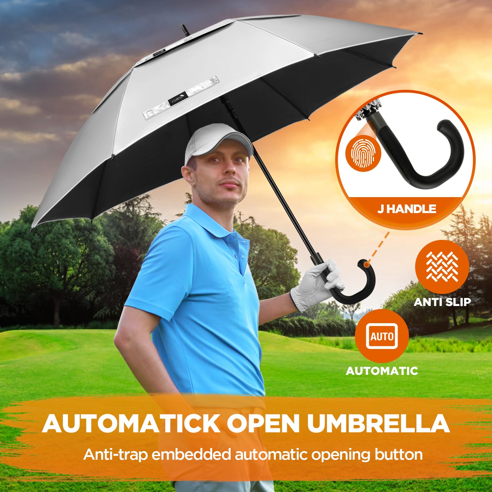 ZOMAKE Ombrello Golf Grande 54 Inch- Ombrello Parasole Anti UV Con Impugnatura a J,Ombrello Golf Grande Antivento Apertura Automatica,Ombrello Robusto Da Viaggio per Anziani E Bambini(Argento E Nero)