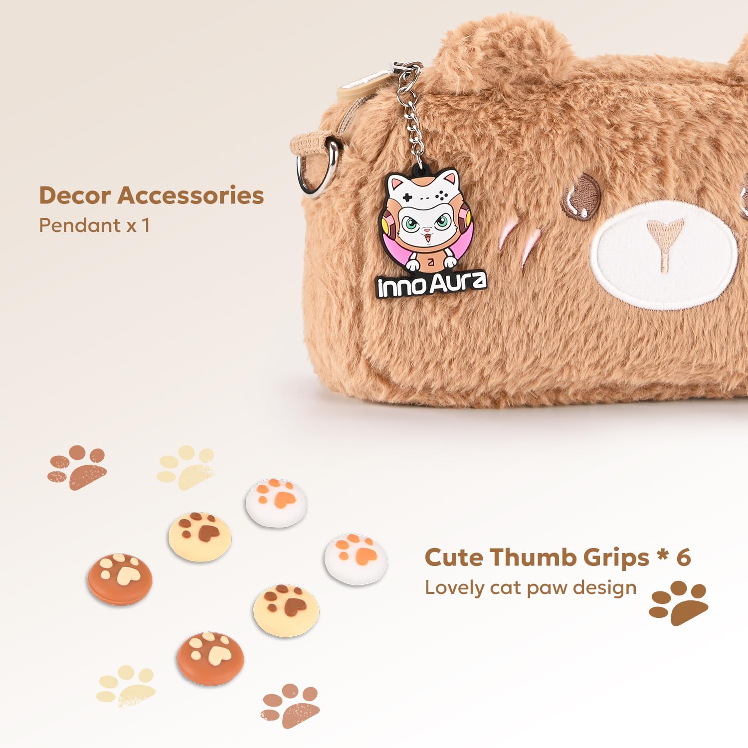Étui innoAura pour Switch, Ensemble d'accessoires 16-en-1 avec Housse de Transport, Protecteur d'écran et Capuchons pour Pouces (Ours Brun)