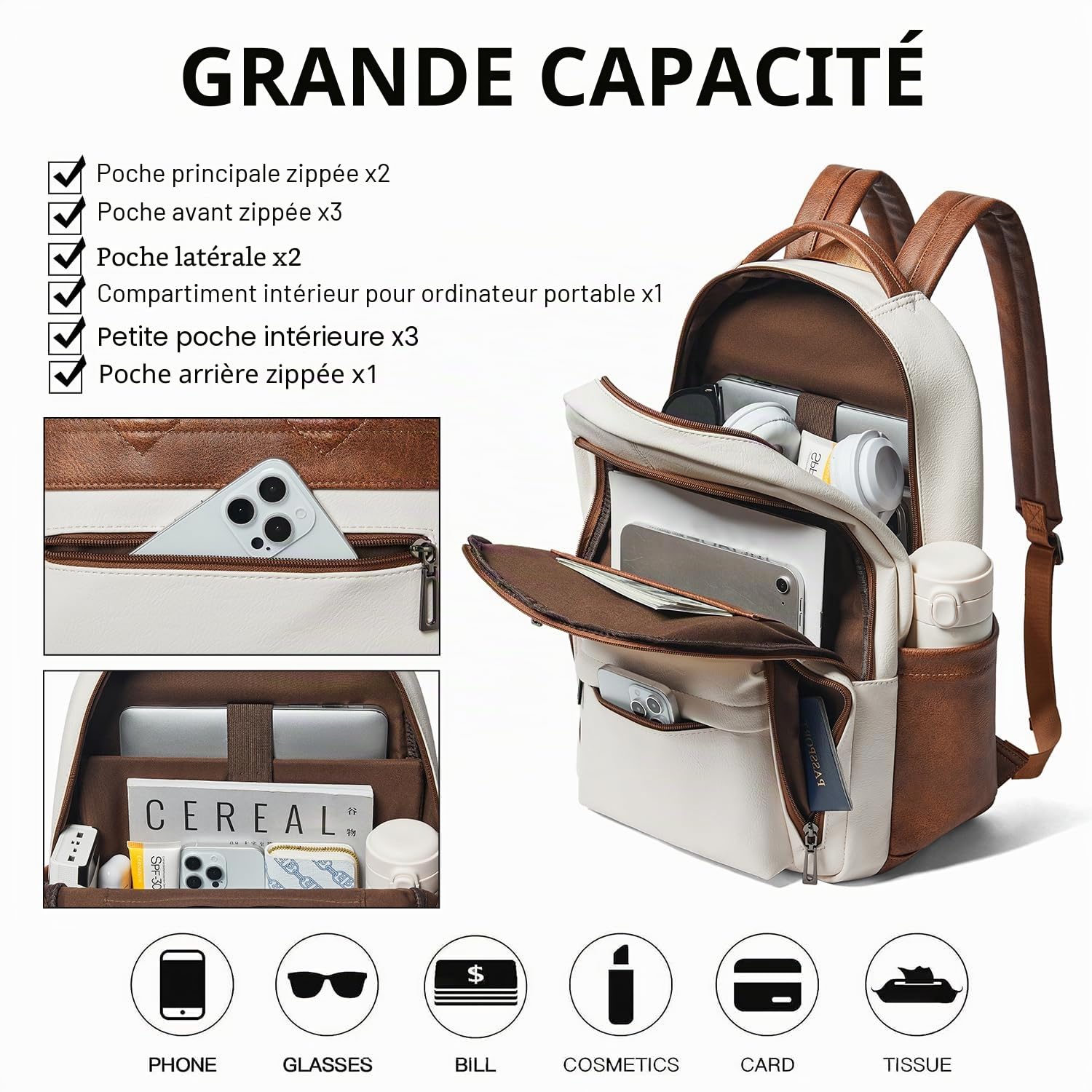 LATMAP Sac à dos de 30 l pour homme et femme - Sac à dos en cuir synthétique - Sac à dos de voyage pour enseignant - Pour ordinateur portable de 15,6"