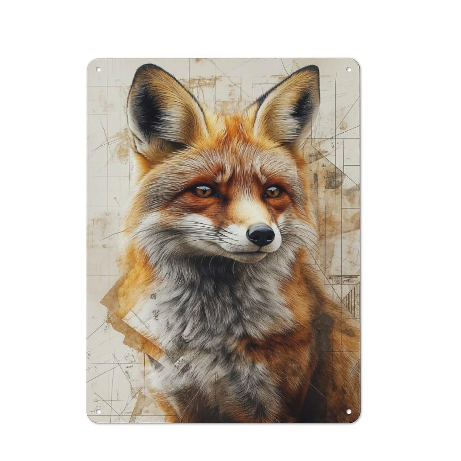 Junmoney Style-11 Vintage Metal Plaque 40X30cm Featuring Fox Portrait With Geometric Background For Home Bar Wall, A Metal Wall Feature For Home Bars And Entertaining Spaces
