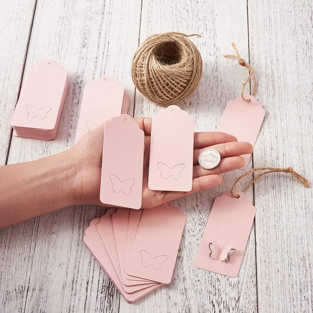MegaPet 100pcs Pink Kraft Paper Gift Tags Printable Blank Hang Labels with 131 Feet Hanging String for Wedding Holiday Party Favors 3.54"x1.59" (9x4.05cm) : Health & Household