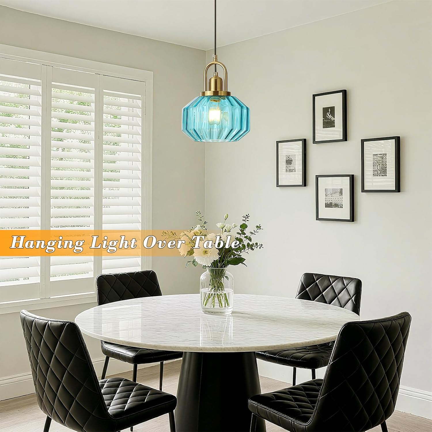 9in Mid Century Modern Blue Glass Pendant Light Fixture, Small Gold Kitchen Island Pendants Light Glass Ceiling Hanging Lamp for Foyer Dining Room Bedroom Entryway Hallway Over Sink