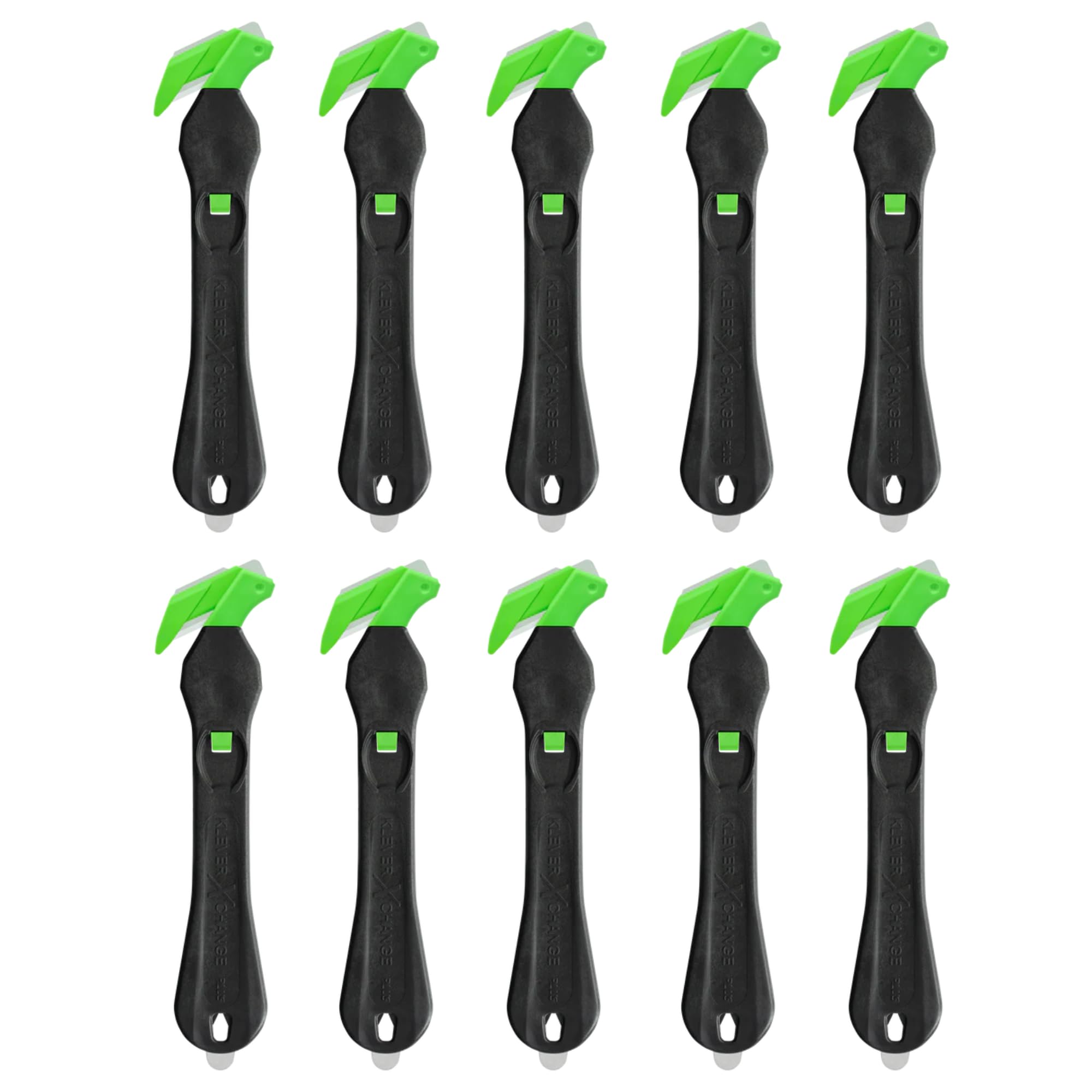 Klever - Eco Xchange35 Wide Blade Head Safety Box Cutter With Integrated Scraper (Pack of 10). Perfect For Cardboard, Film, Stretch & Shrink Wrap, Plastic Banding, Tape & Zip Ties.